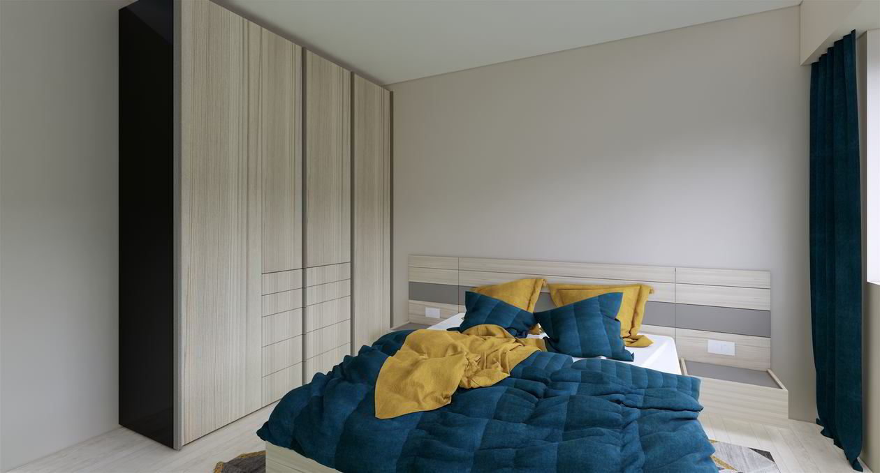 Proiect mobila Dormitor matrimonial, cu dulap pana in tavan, pat central, compozitie mica pentru TV, 20m², realizat 19 Aprilie 2019 COD.6037