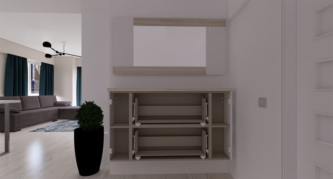 Proiect mobila Hol unit cu Living-Room si Bucataria, cu comoda cu usi, sistem inchidere cu usi batante, 4m², realizat 19 Aprilie 2019 COD.6039