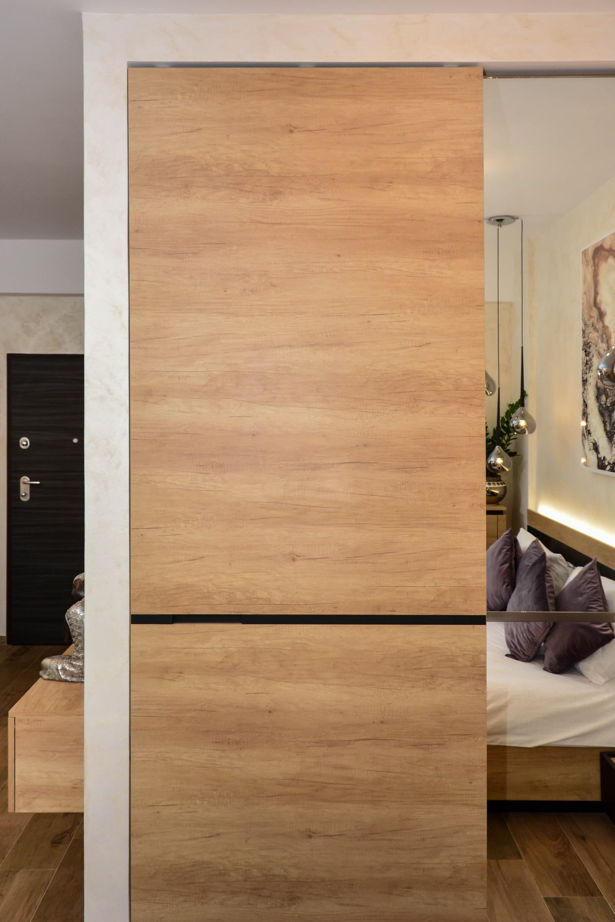 Proiect mobila Bucatarie pe un perete, fara manere, masa integrata extractabila, amplasata in Studio, 10m², L 367 x H 246cm, realizat 23 Aprilie 2019 COD.6085