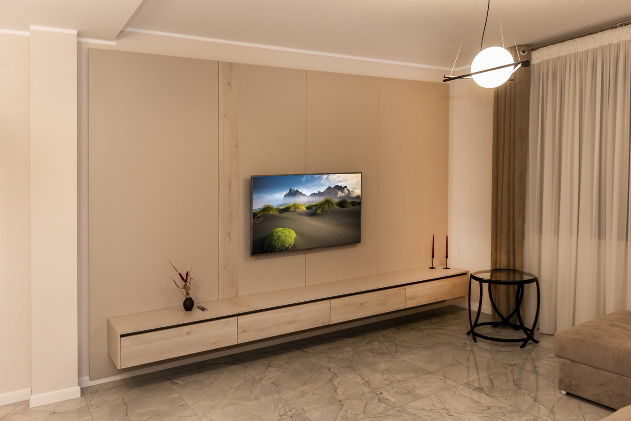 Proiect mobila Living pe un perete, partial suspenadat, 45m², realizat 25 August 2019 COD.6297