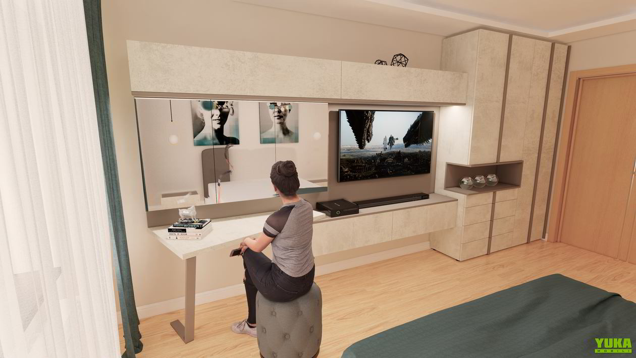 Proiect mobila Camera junior Fata, cu dulap pana in tavan, compozitie pentru machiat, birou integrat, compozitie mica pentru TV, 18m², realizat 01 Septembrie 2020 COD.6733