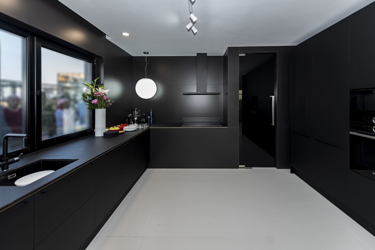 Proiect mobila Bucatarie pe trei pereti, concept imperceptibila in incapere, unita cu Living-Room, 19m², L 970 x H 253cm, realizat 13 Noiembrie 2019 COD.7164