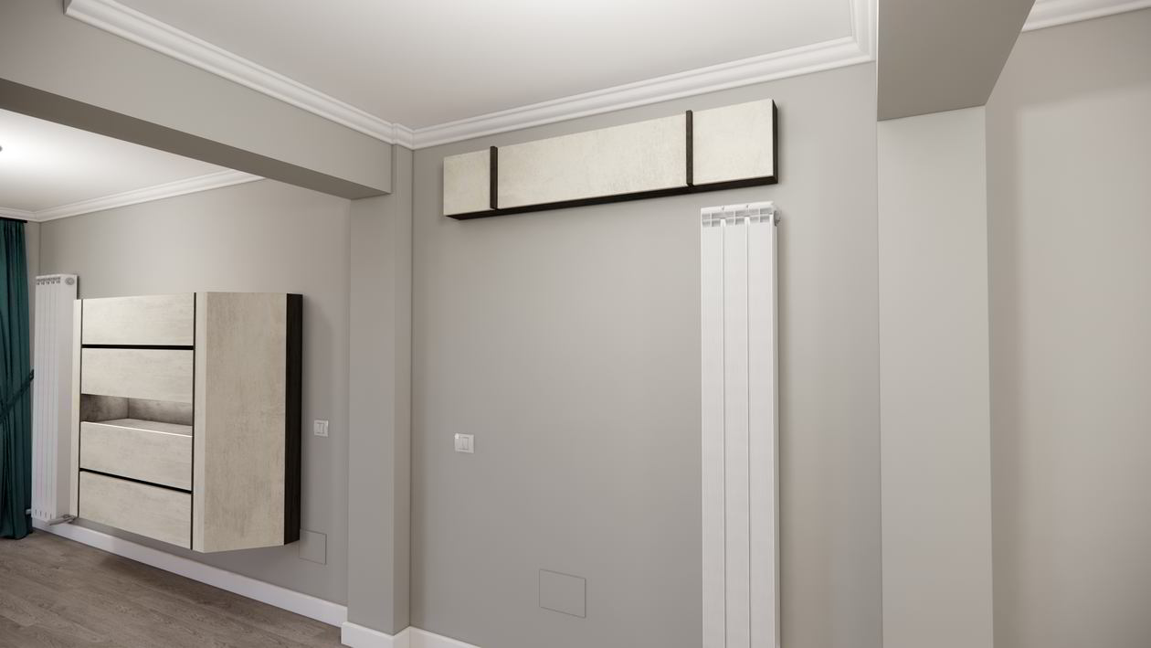 Proiect mobila Hol unit cu Living-Room, cu dulap pe colt, dulap suspendat, 10m², elaborat 04 Iunie 2019 COD.7247