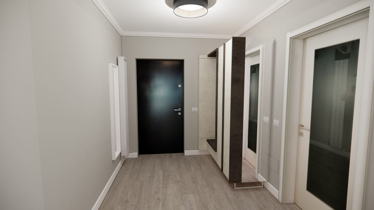 Proiect mobila Hol unit cu Living-Room, cu dulap pe colt, dulap suspendat, 10m², elaborat 04 Iunie 2019 COD.7247