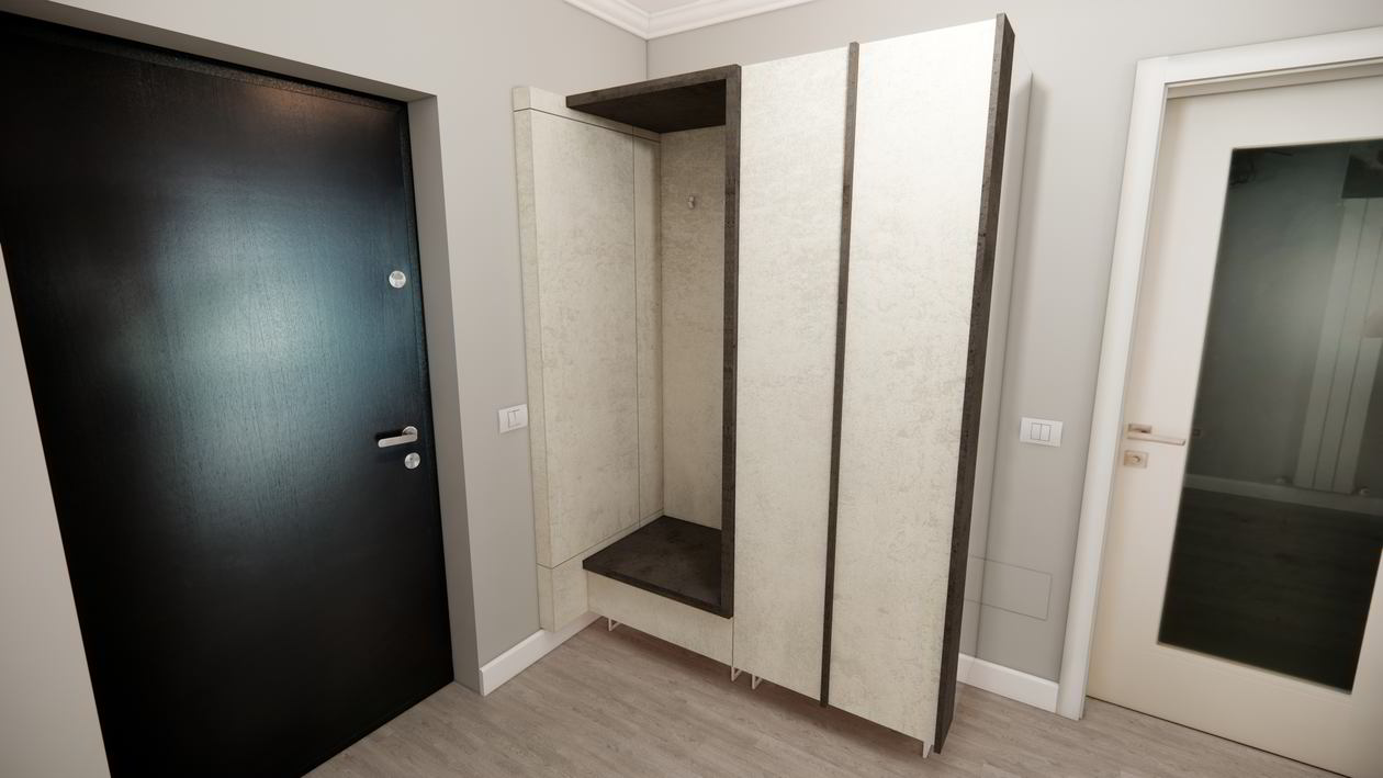 Proiect mobila Hol unit cu Living-Room, cu dulap pe colt, dulap suspendat, 10m², elaborat 04 Iunie 2019 COD.7247
