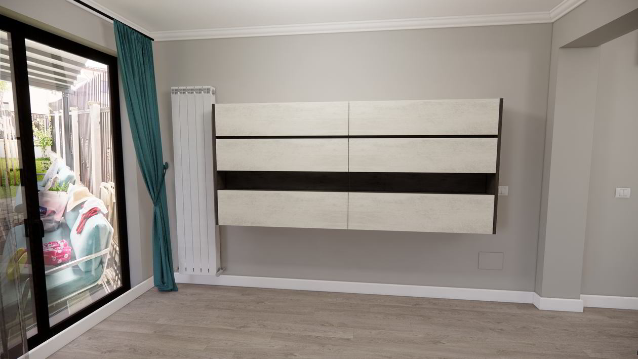 Proiect mobila Hol unit cu Living-Room, cu dulap pe colt, dulap suspendat, 10m², elaborat 04 Iunie 2019 COD.7247