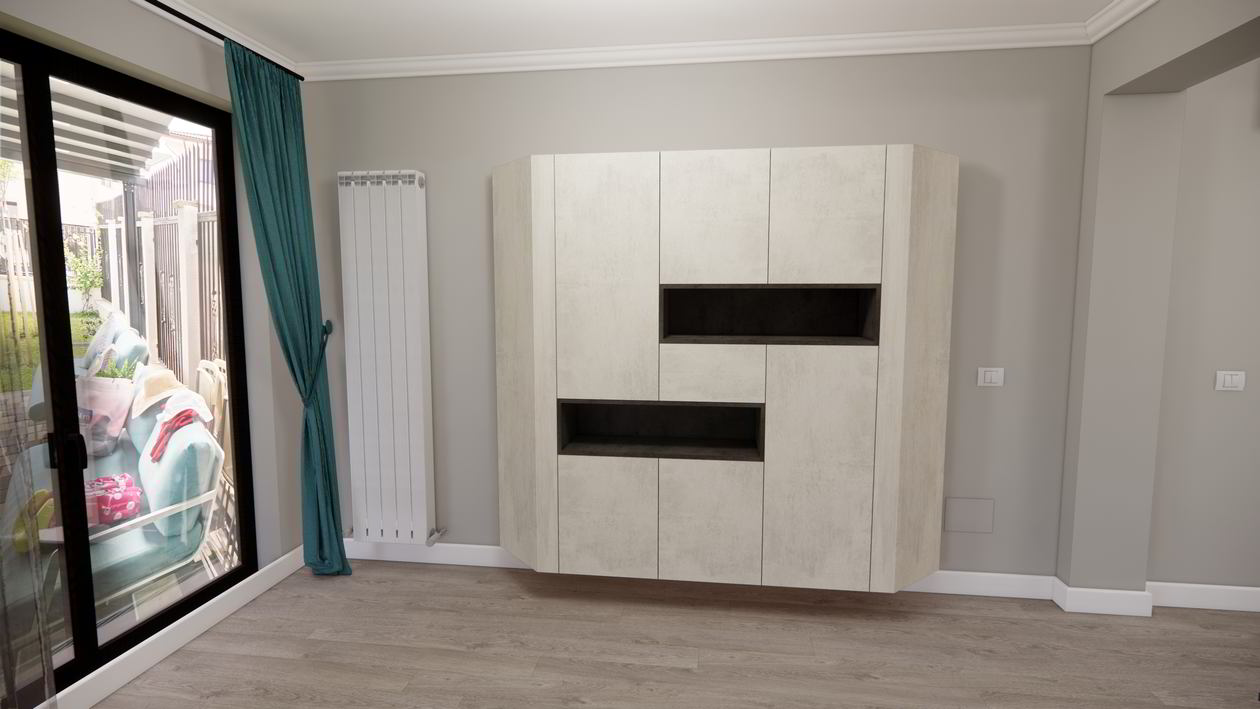 Proiect mobila Hol unit cu Living-Room, cu dulap pe colt, dulap suspendat, 10m², elaborat 04 Iunie 2019 COD.7247