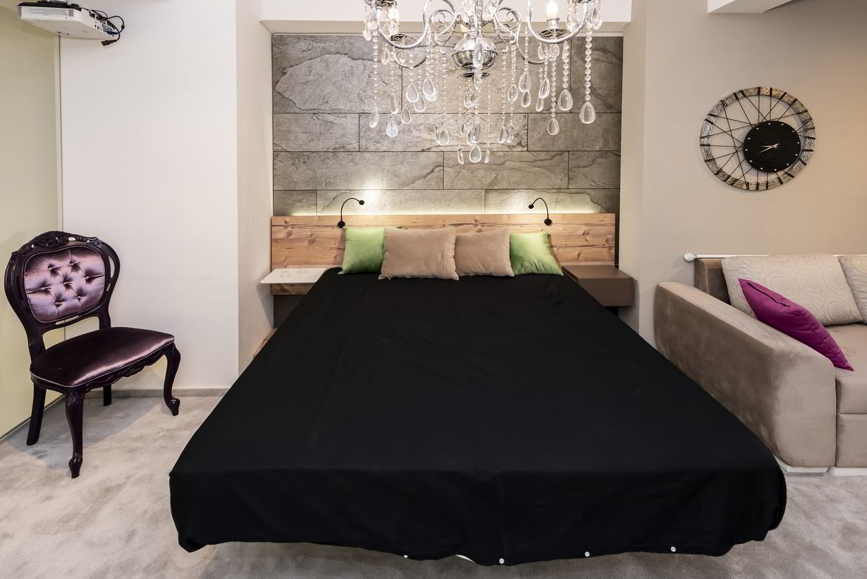 Proiect mobila Dormitor matrimonial, cu placare perete, pat central suspendat, 17m² — foto 3 din 7