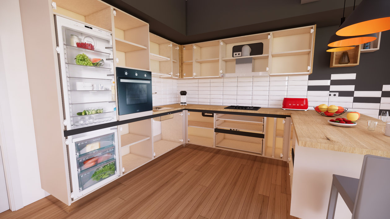 Proiect mobilare Bucatarie pe colt, cu peninsula, fara manere, cu semi-masa integrata, 17m², L 845 x H 224cm — foto 3 din 7