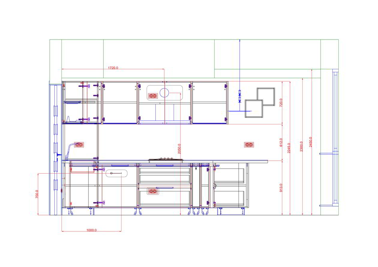 Proiect mobilare Bucatarie pe colt, cu peninsula, fara manere, cu semi-masa integrata, 17m², L 845 x H 224cm — foto 1 din 7