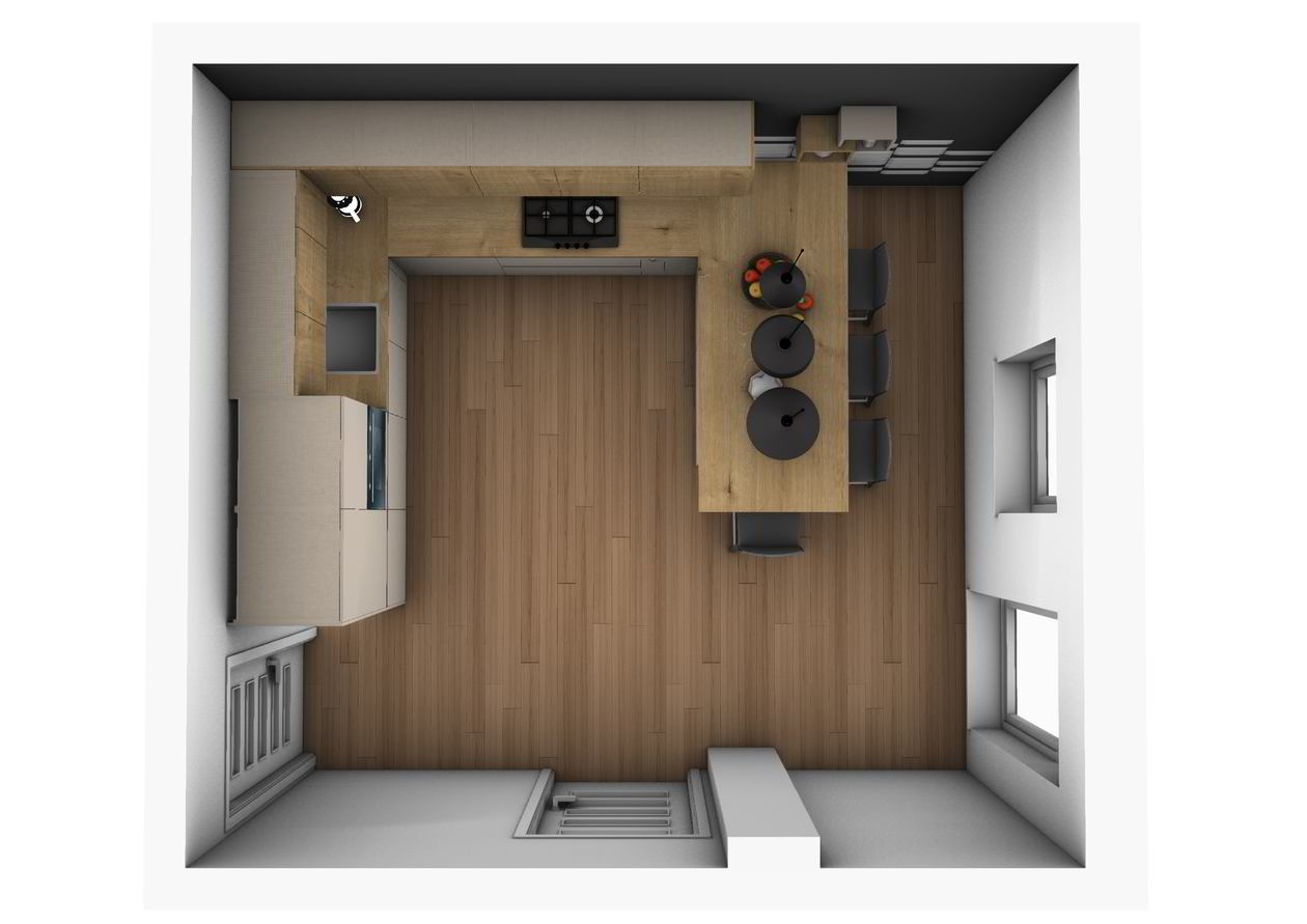 Proiect mobilare Bucatarie pe colt, cu peninsula, fara manere, cu semi-masa integrata, 17m², L 845 x H 224cm — foto 2 din 7