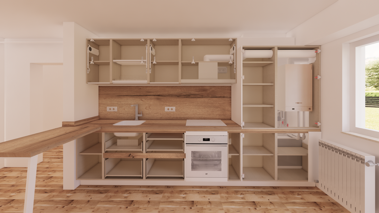 Mobila Bucatarie pe un perete, fara manere, cu masa integrata fixa, unita cu Hol, 12m², L 453 x H 222cm — foto 3 din 7