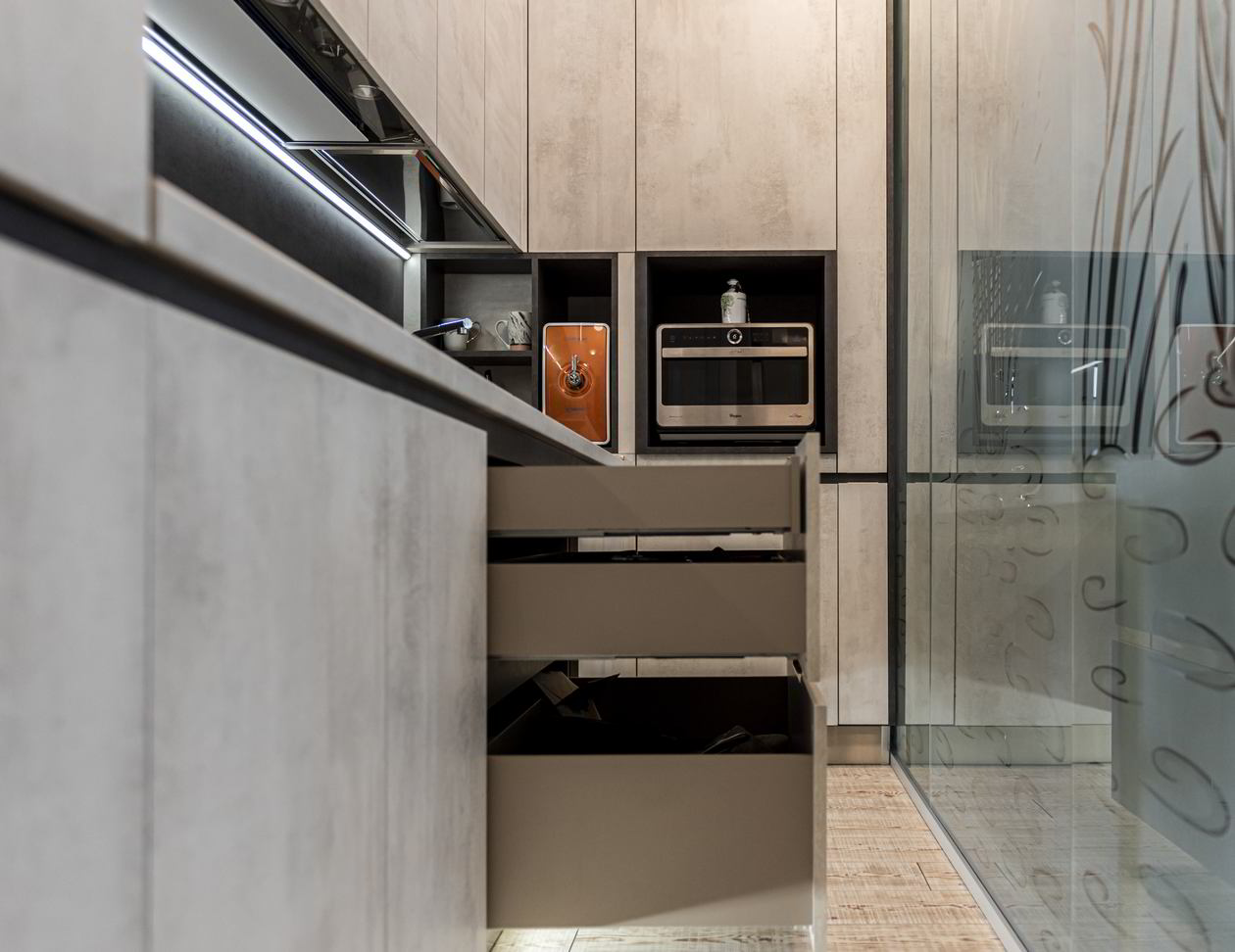Proiect mobila Bucatarie pe colt cu o latura mica, pana in tavan, fara manere, unita cu Living-Room si Hol, 6m², L 551 x H 270cm, realizat 15 Iunie 2020 COD.7739
