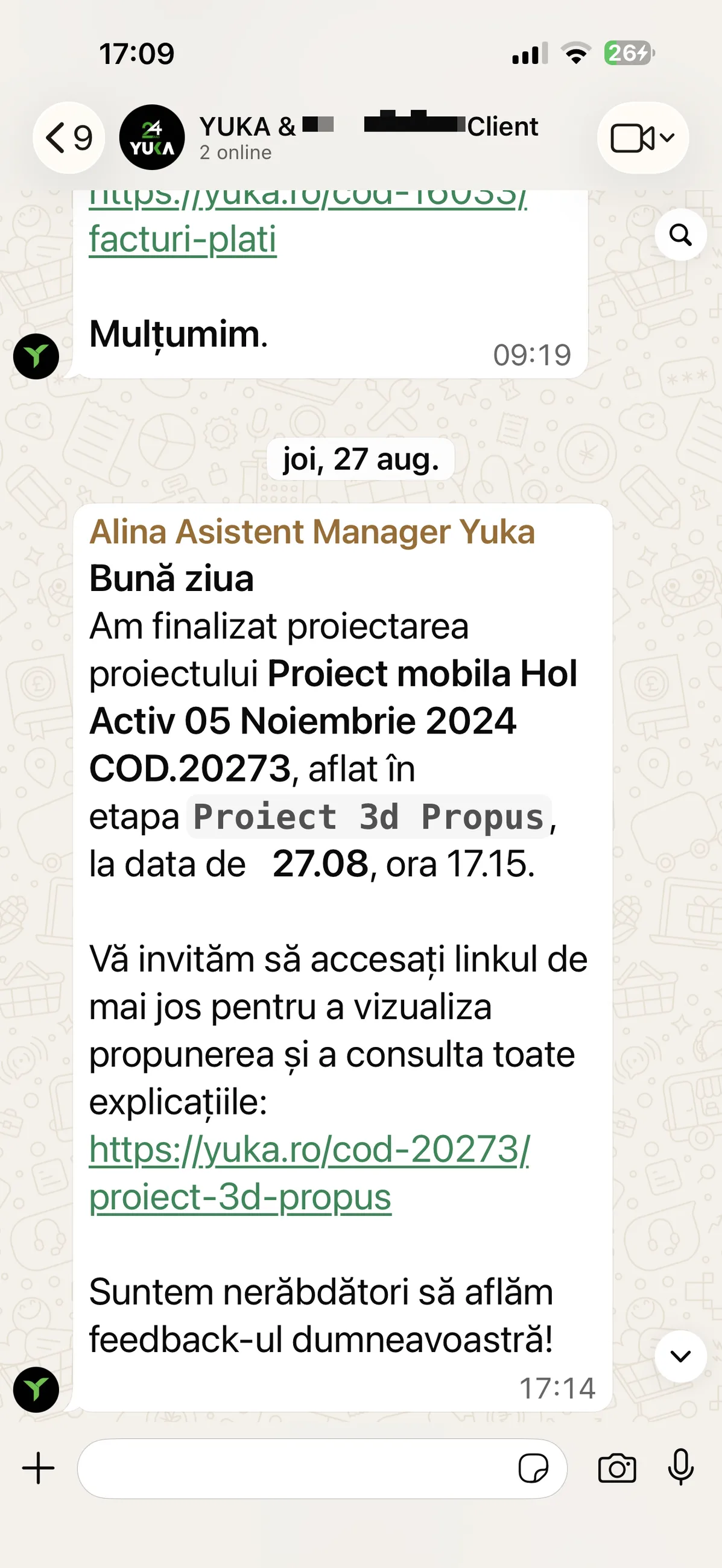 Captură reală din grupul WhatsApp al locației, cu notificarea și linkul către MarGo