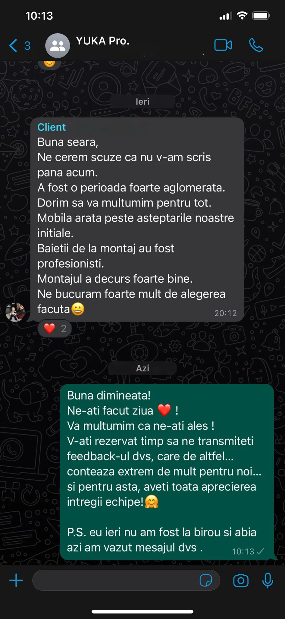 Captură WhatsApp dintr-un proiect YUKA după montaj