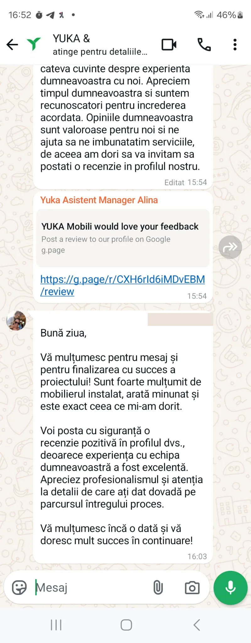 Captură WhatsApp dintr-un proiect YUKA după montaj
