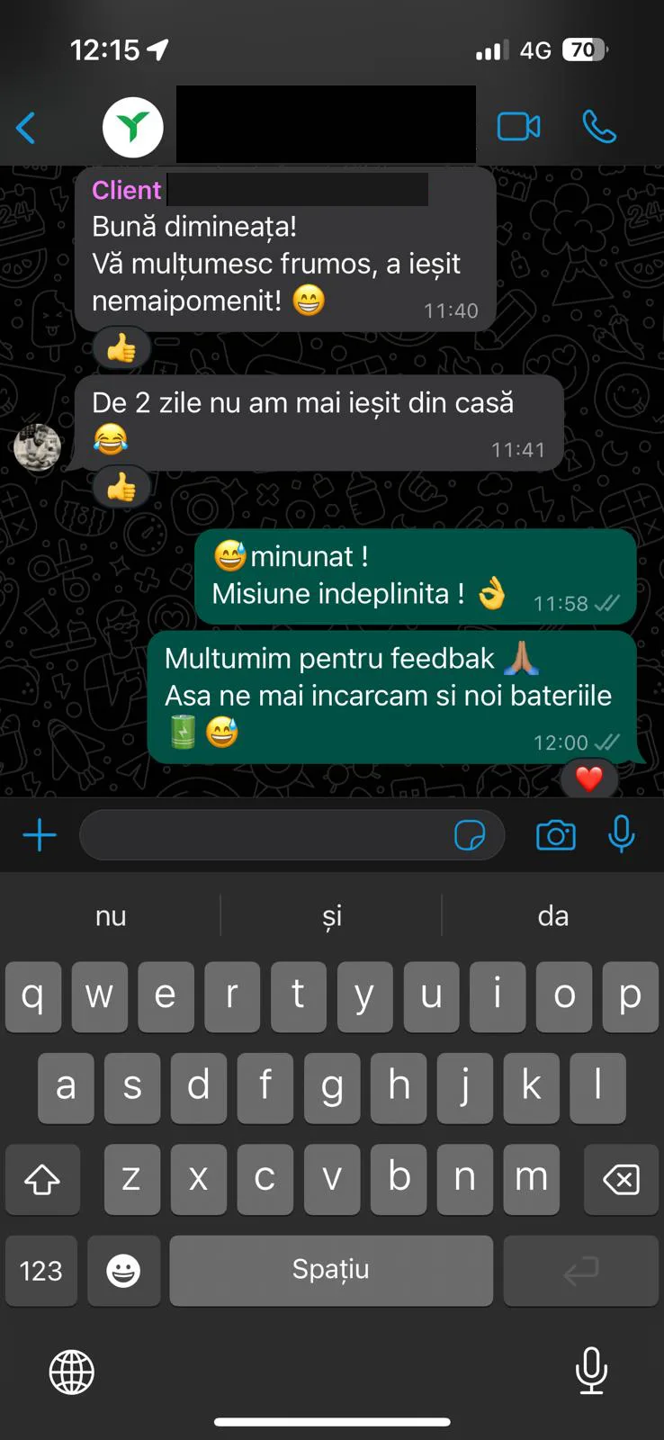 Captură WhatsApp dintr-un proiect YUKA după montaj