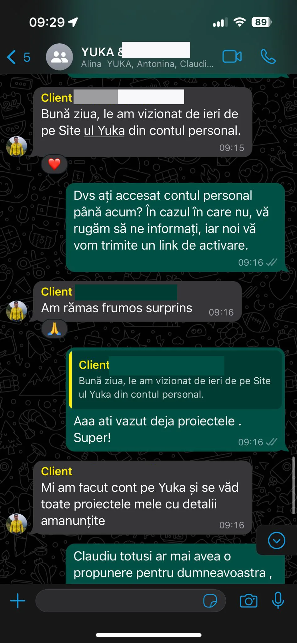 Captură WhatsApp dintr-un proiect YUKA după montaj