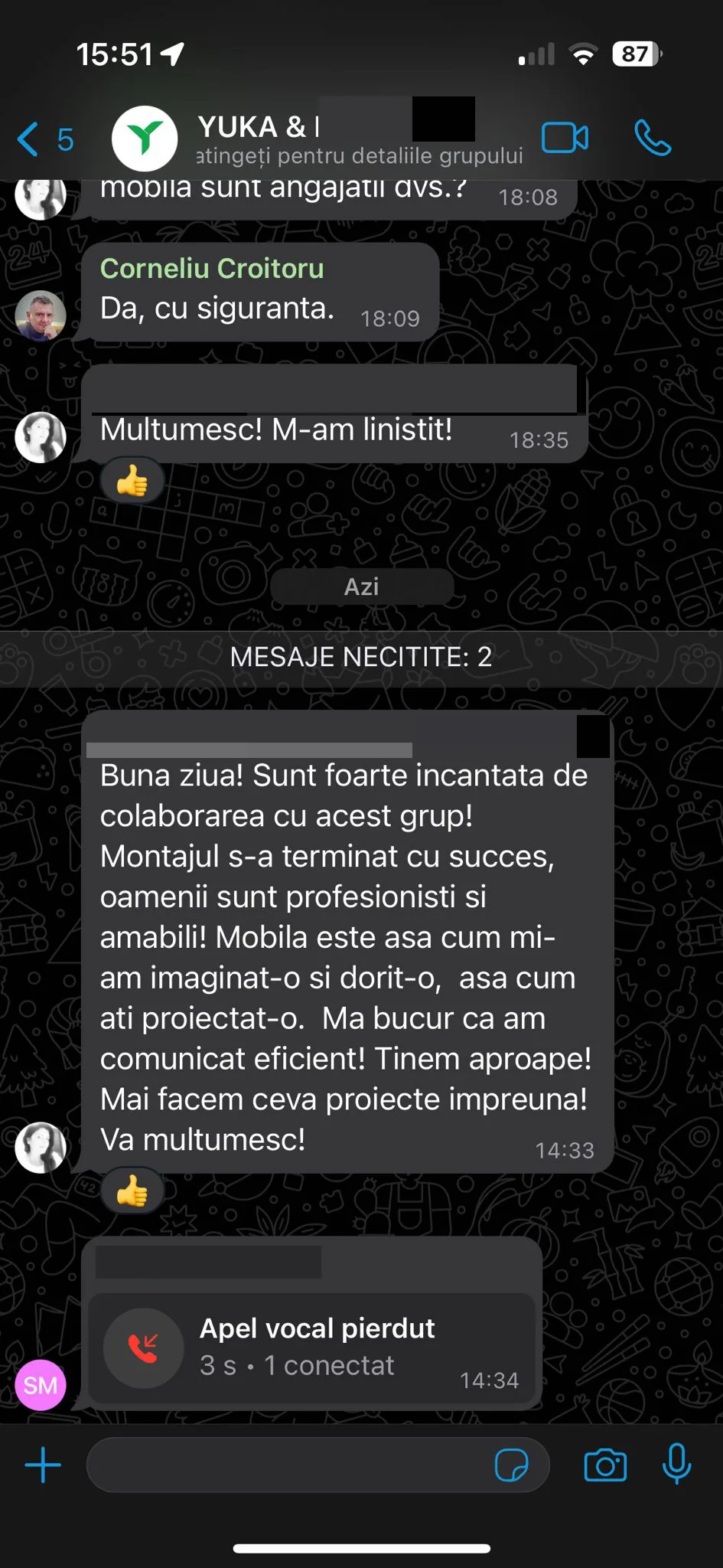 Captură WhatsApp dintr-un proiect YUKA după montaj