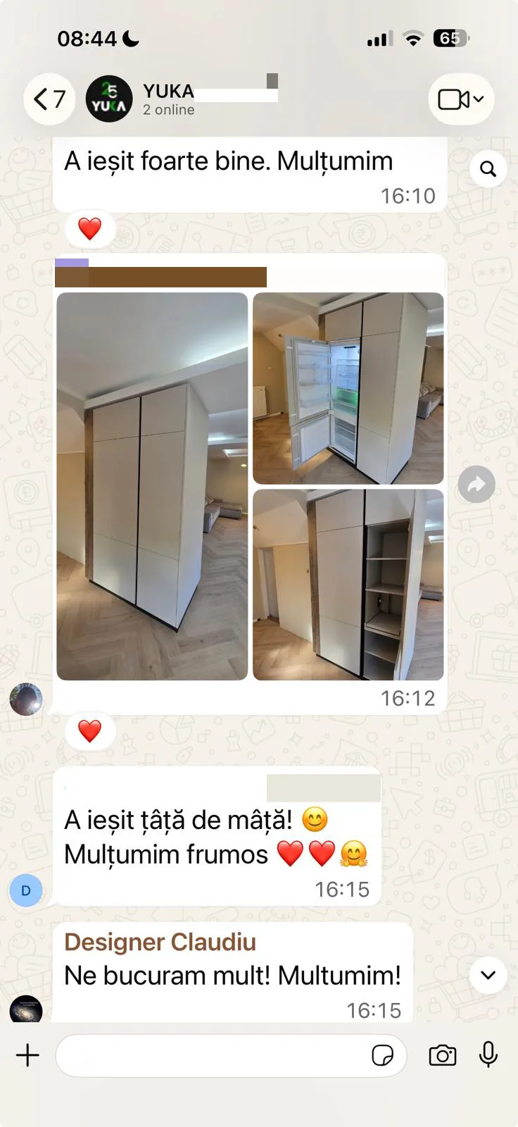 Captură WhatsApp dintr-un proiect YUKA după montaj