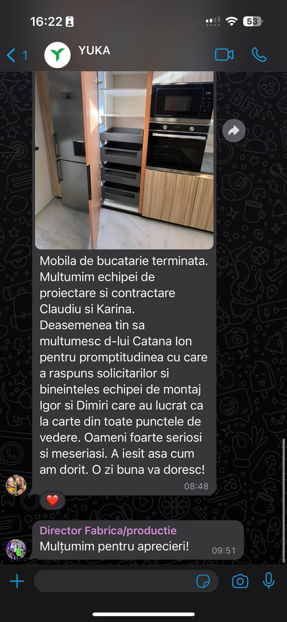 Captură WhatsApp dintr-un proiect YUKA după montaj