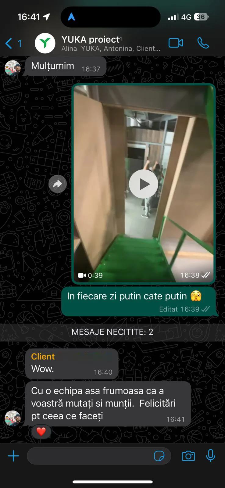 Captură WhatsApp dintr-un proiect YUKA după montaj