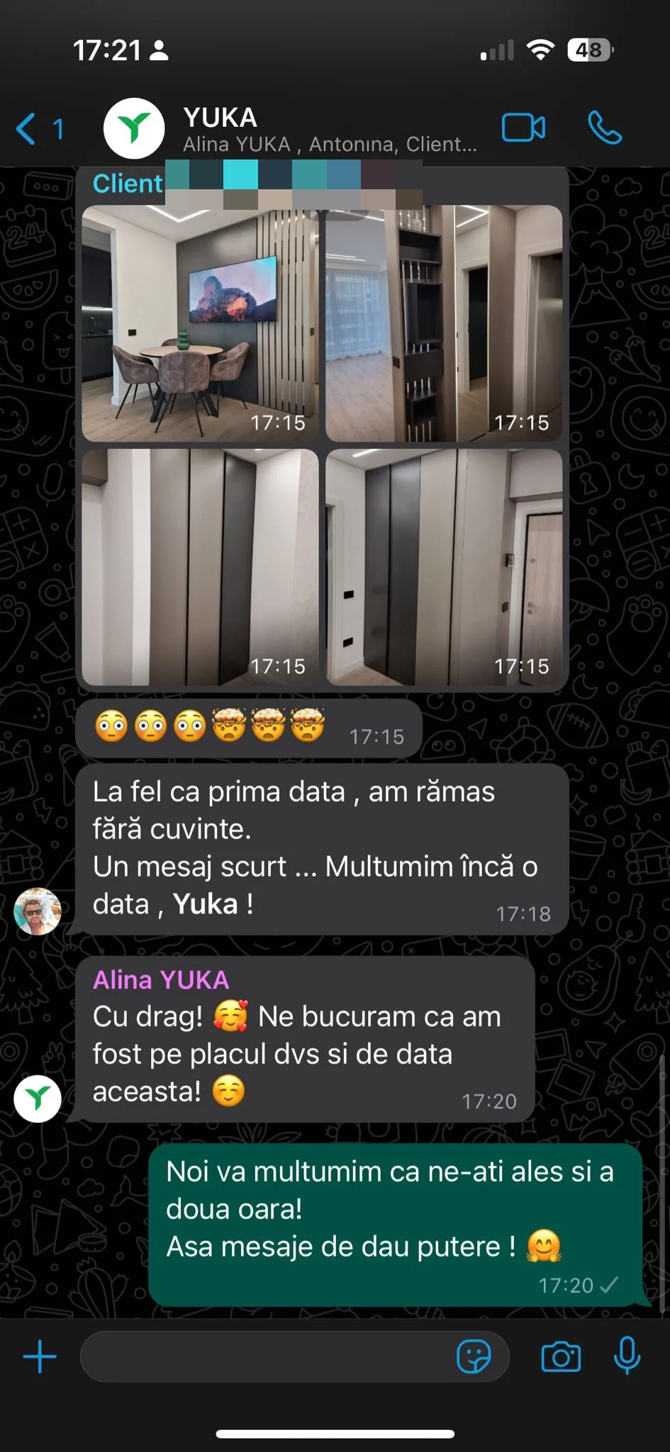 Captură WhatsApp dintr-un proiect YUKA după montaj