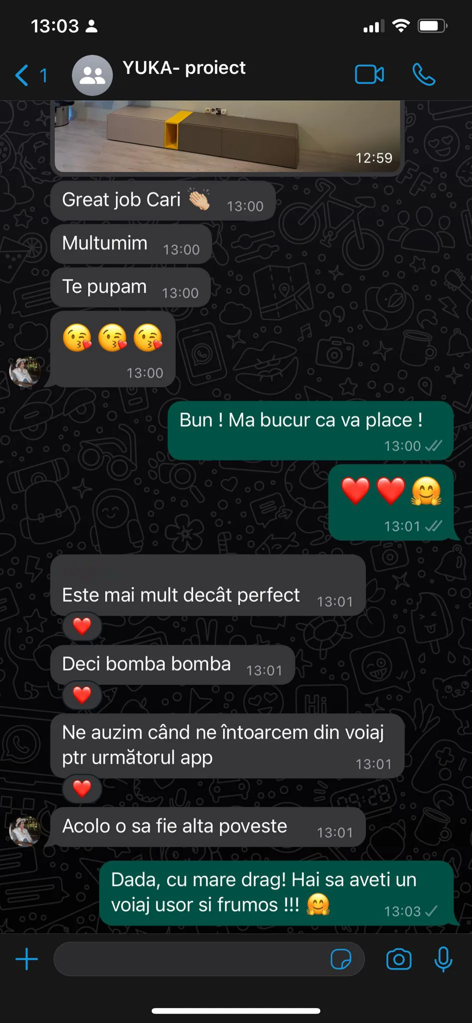 Captură WhatsApp dintr-un proiect YUKA după montaj