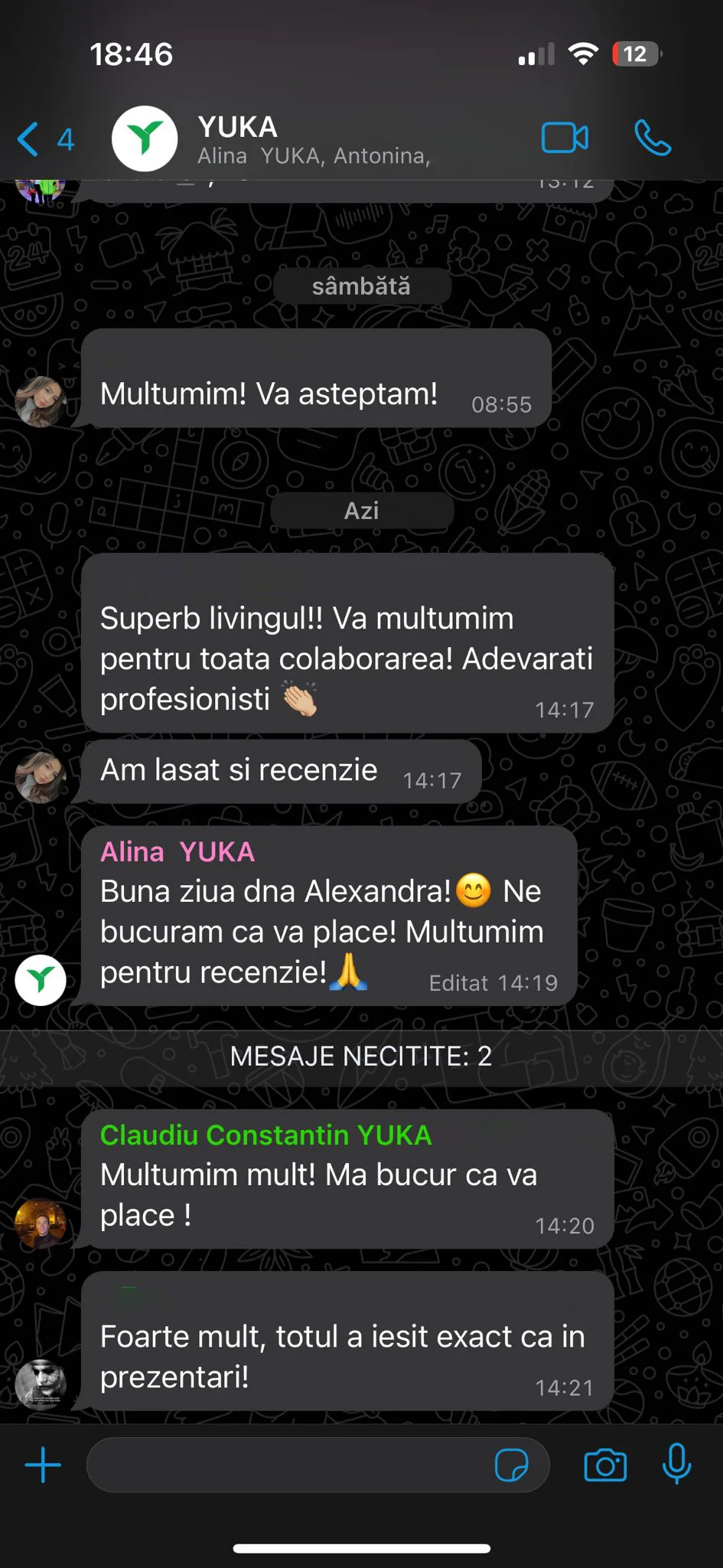 Captură WhatsApp dintr-un proiect YUKA după montaj