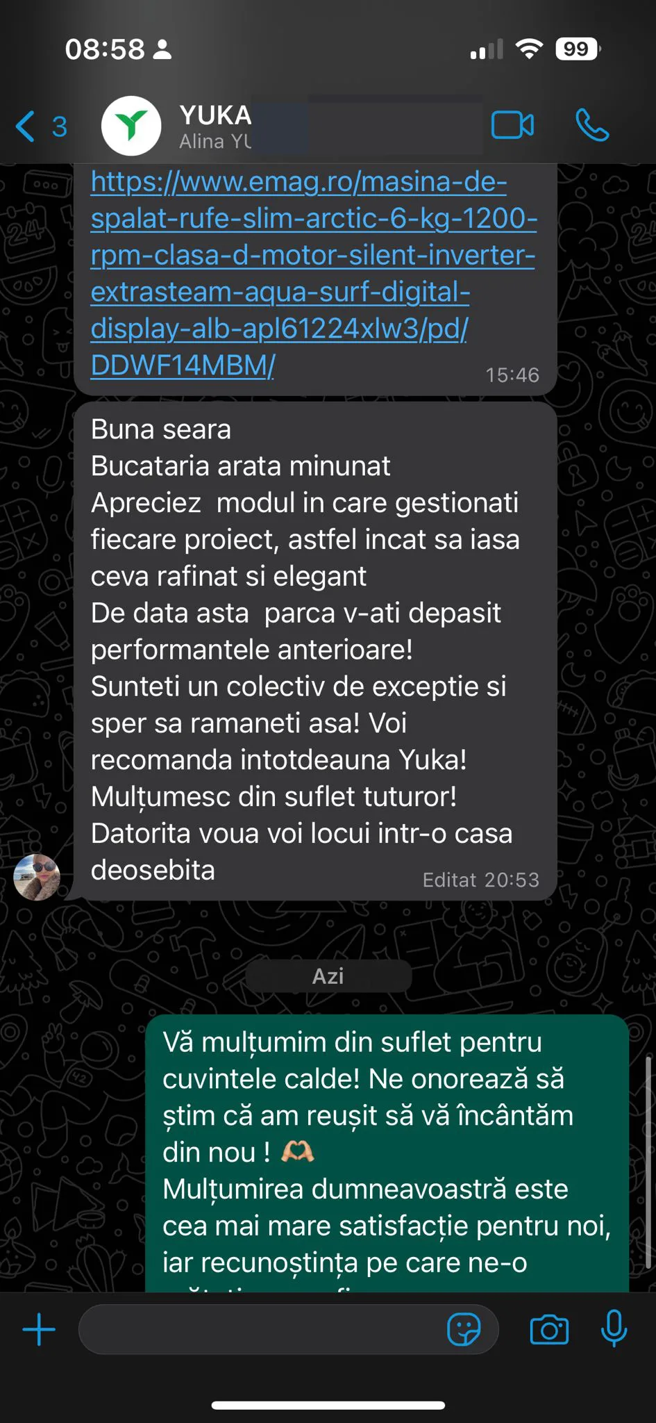 Captură WhatsApp dintr-un proiect YUKA după montaj