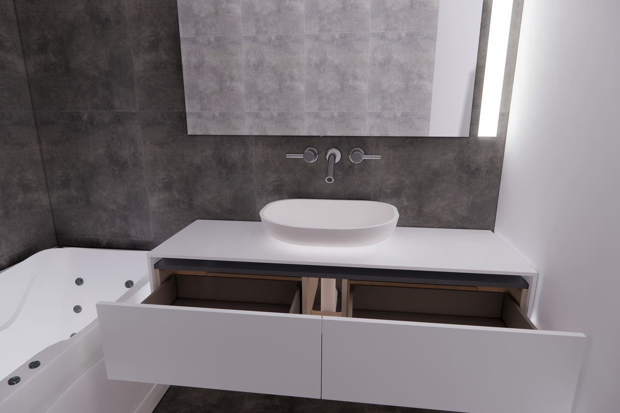 Proiect mobila Baie matrimoniala, cu oglinda, comoda cu sertare, 1m², realizat 31 Iulie 2020 COD.11170