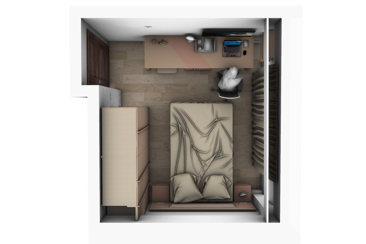 Proiect mobila Camera junior cu pat central suspendat, dulap pana in tavan, compozitie pentru machiat, birou integrat, 12m², realizat 13 August 2020 COD.11248