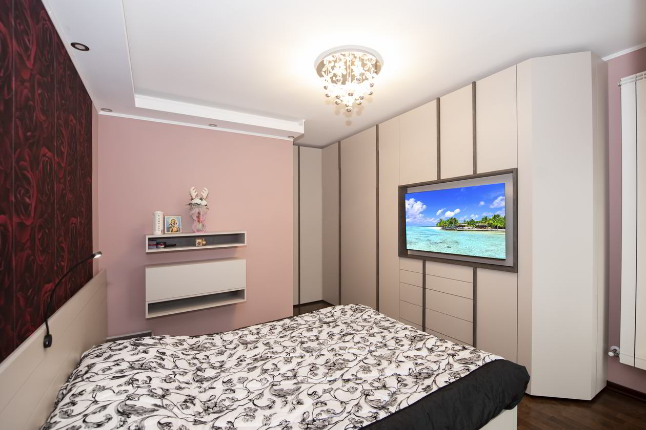 Proiect mobila Dormitor matrimonial, cu dulap cu TV incadrat, pat central, dulap pana in tavan, dulap pe colt, 10m², realizat 15 Octombrie 2020 COD.11826