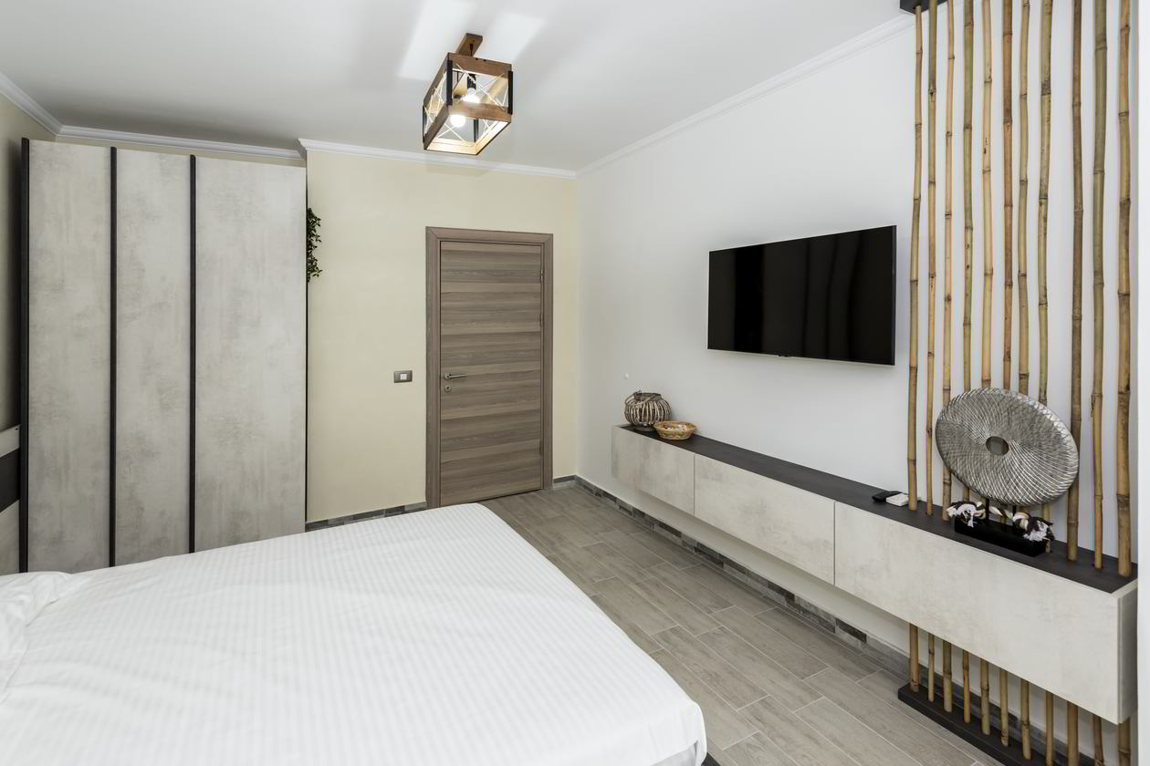 Proiect mobila Dormitor matrimonial, cu dulap, pat central, compozitie mica pentru TV, riflaje, 15m², realizat 21 Octombrie 2020 COD.11862
