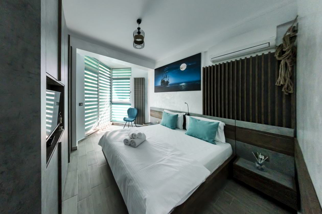 Proiect mobila Dormitor oaspeti, cu pat central, dulap cu TV incadrat, riflaje, 15m², realizat 08 Decembrie 2020 COD.12018