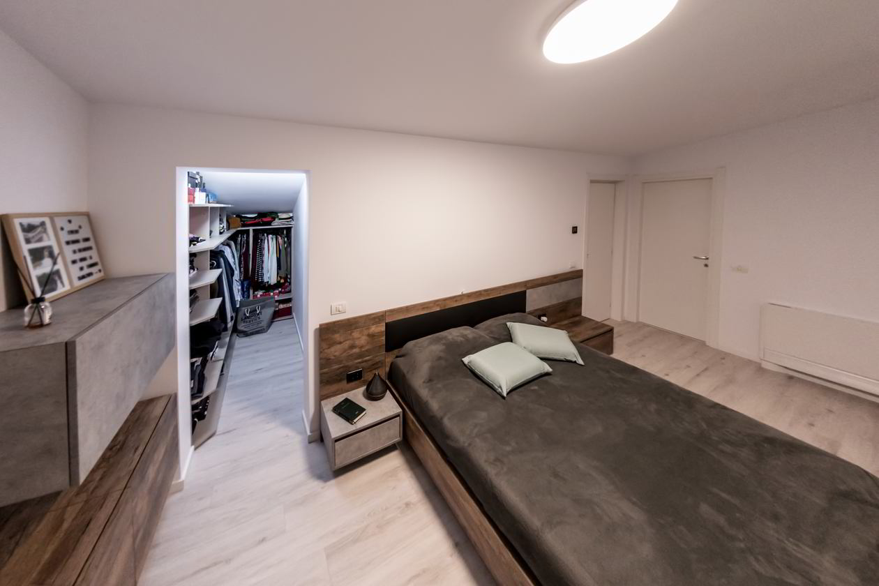 Proiect mobila Dormitor matrimonial, cu dressing, pat central suspendat, compozitie pentru machiat, 20m², realizat 28 Ianuarie 2021 COD.12156