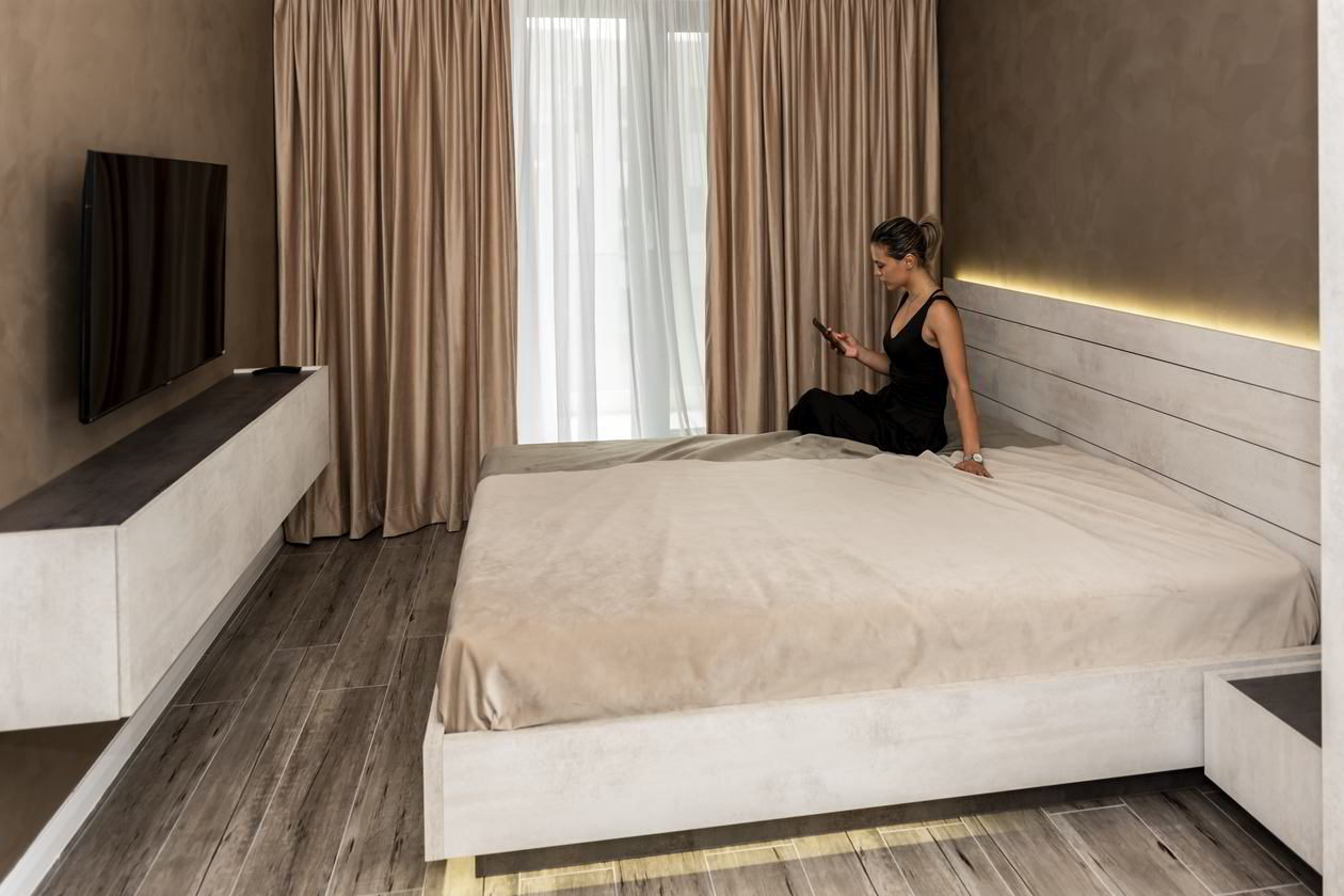 Proiect mobila Dormitor matrimonial, cu dulap pana in tavan, pat central, compozitie mica pentru TV, realizat 21 Aprilie 2021 COD.12416