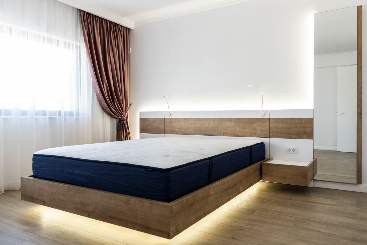 Proiect mobila Dormitor matrimonial, cu dulap pana in tavan, pat central suspendat, compozitie mica pentru TV, 20m², realizat 03 Iunie 2021 COD.13106