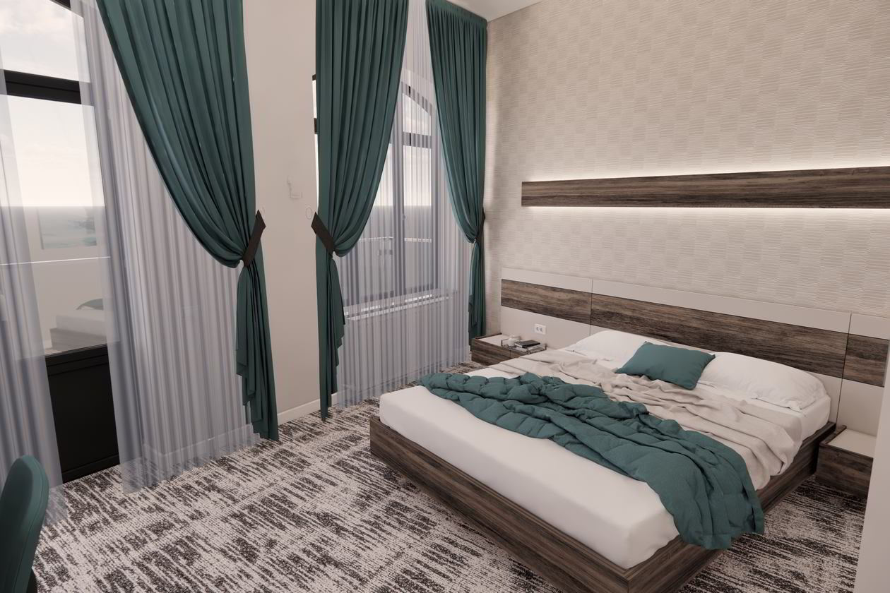 Proiect mobila Dormitor matrimonial, cu dulap pana in tavan, pat central, compozitie mica pentru TV, birou integrat, 20m², realizat 11 Iunie 2021 COD.13197