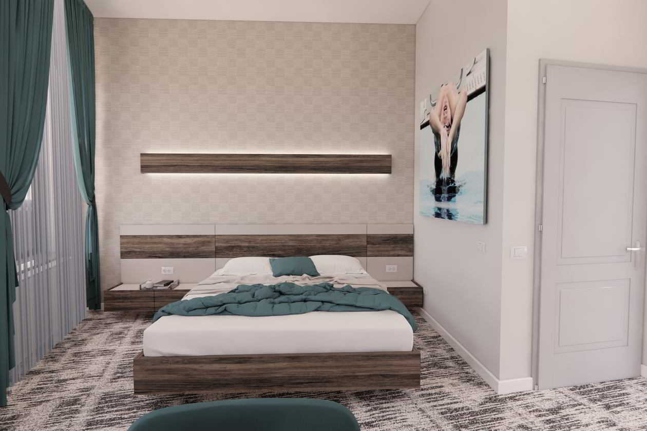 Proiect mobila Dormitor matrimonial, cu dulap pana in tavan, pat central, compozitie mica pentru TV, birou integrat, 20m², realizat 11 Iunie 2021 COD.13197