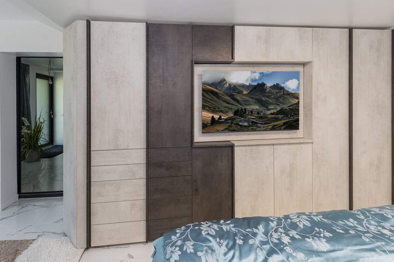 Proiect mobila Dormitor matrimonial, cu pat central, dulap cu TV incadrat, OLGA, realizat 14 Februarie 2023 COD.16334