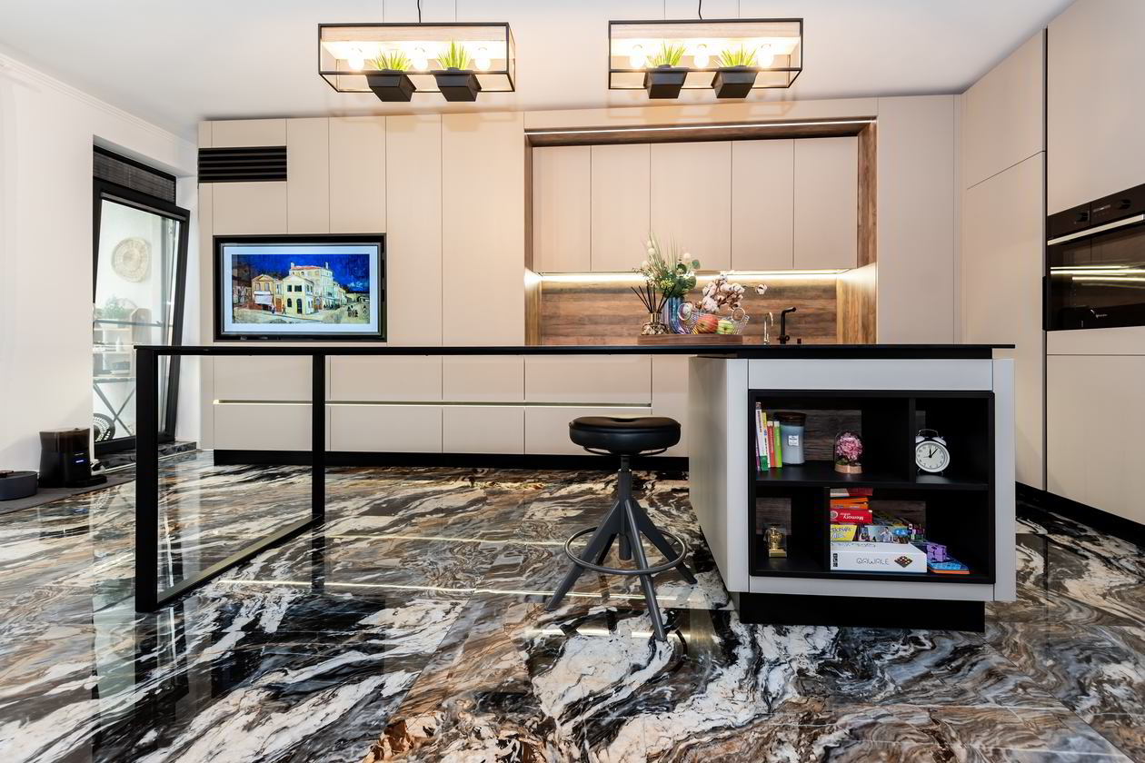 Mobila Bucatarie pe colt, pana in tavan, fara manere, cu masa integrata fixa, BUCO-LIVING, unita cu Living-Room, L 1250 x H 260cm, Realizat 27 Mai 2023 COD.17241