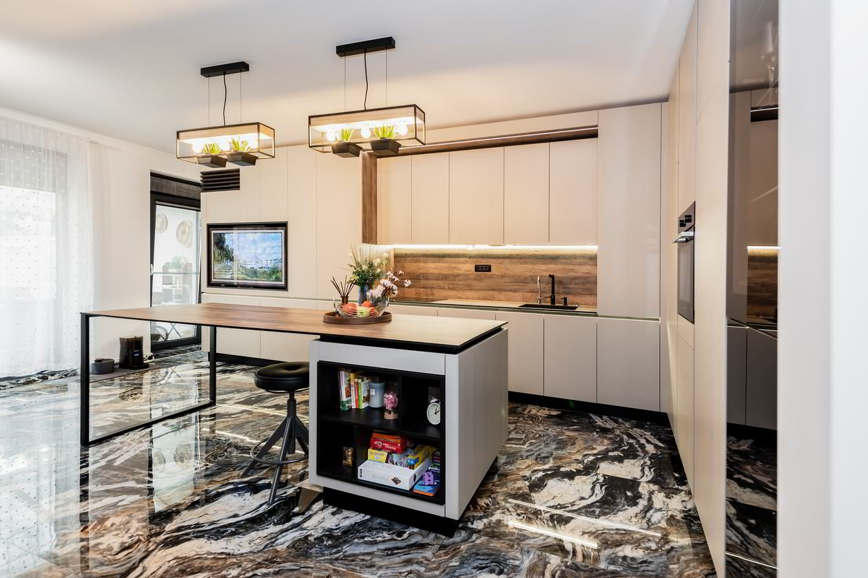 Mobila Bucatarie pe colt, pana in tavan, fara manere, cu masa integrata fixa, BUCO-LIVING, unita cu Living-Room, L 1250 x H 260cm, Realizat 27 Mai 2023 COD.17241