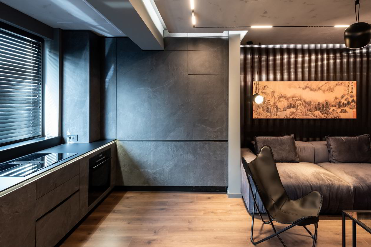 Mobila Bucatarie cu peninsula, pe doi pereti, cu masa integrata extractabila, unita cu Living-Room si Hol, Realizat 07 Septembrie 2023 COD.18291