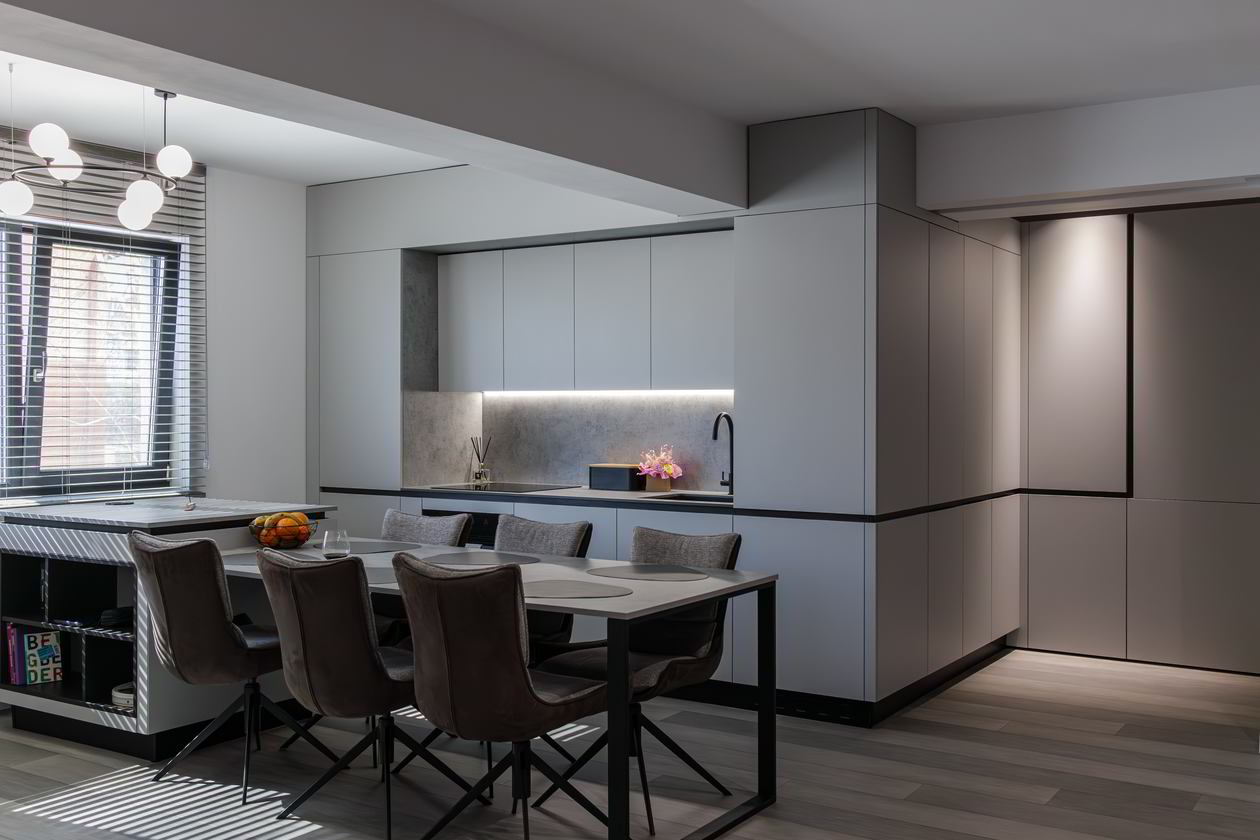 Mobila Bucatarie cu peninsula, cu masa integrata fixa, unita cu Living-Room, L 800 x H 250cm, Realizat 10 Octombrie 2023 COD.18497