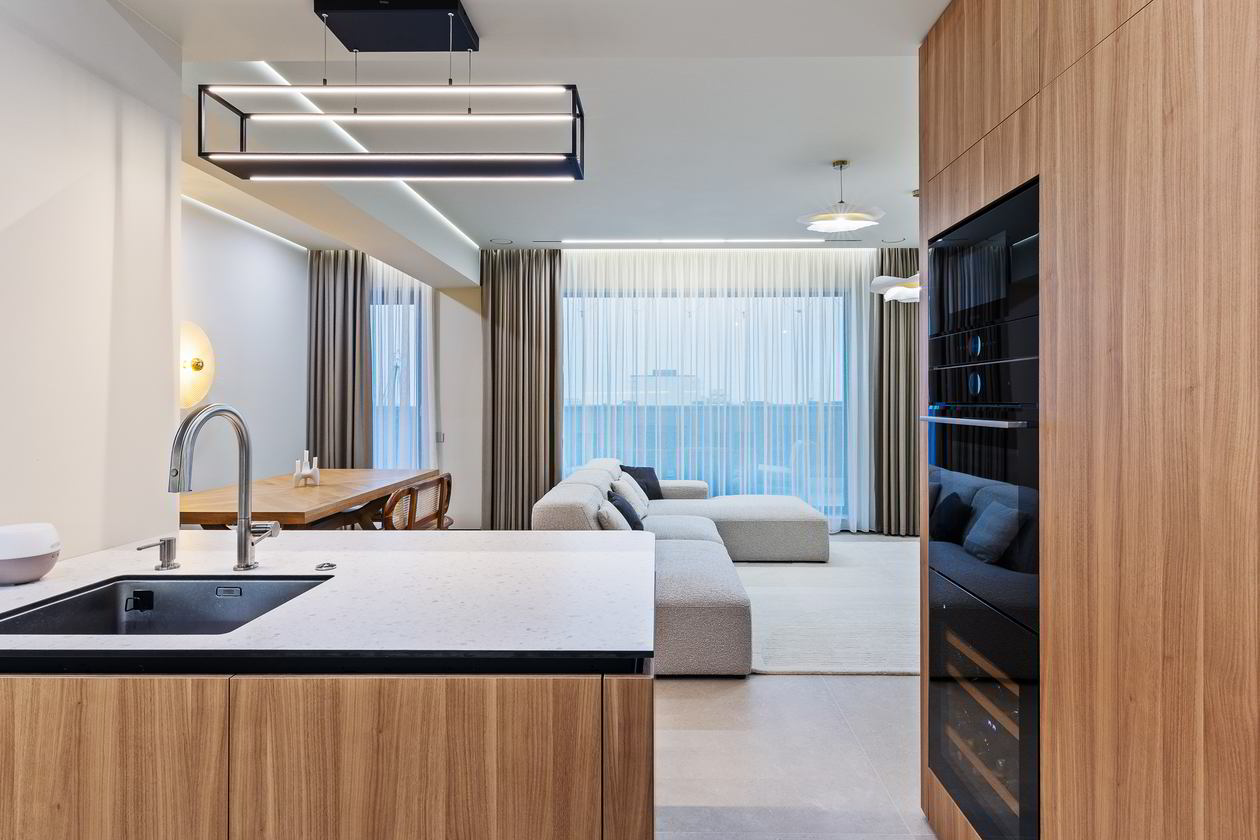 Mobila Bucatarie cu peninsula, pana in tavan, unita cu Living-Room, 27m², Realizat 11 Aprilie 2024 COD.19706