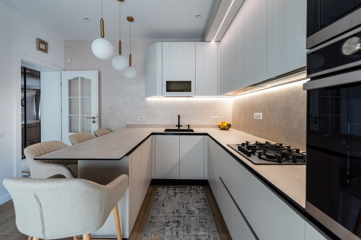 Mobila Bucatarie pe trei pereti, cu peninsula, fara manere, L 635 x H 267cm — foto 2 din 6