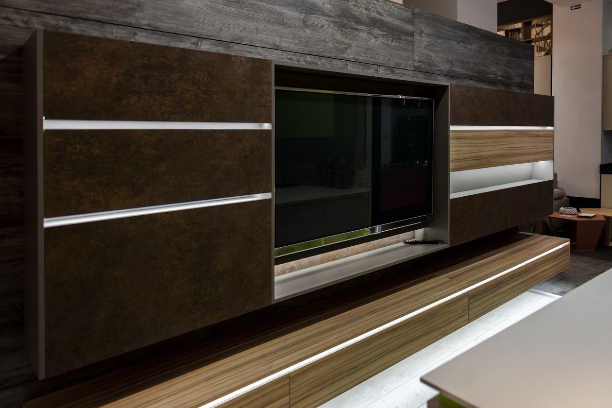 Proiect mobilare Living pe un perete, suspenadat, cu TV incadrat, expusa in Showroom YUKA, 17m², realizat 22 Februarie 2019 COD.4794