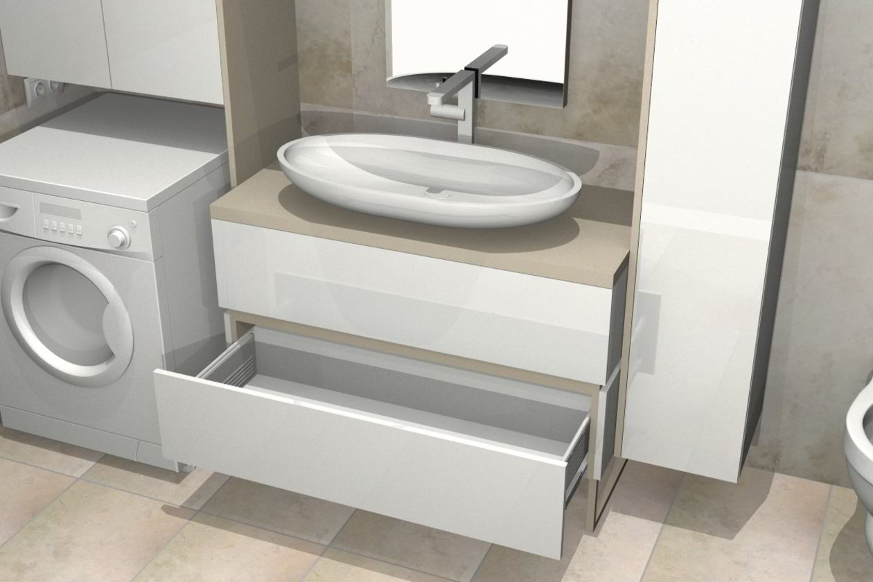 Proiect mobila Baie matrimoniala, cu oglinda, comoda cu sertare, dulap suspendat, 9m², realizat 05 Septembrie 2016 COD.5543
