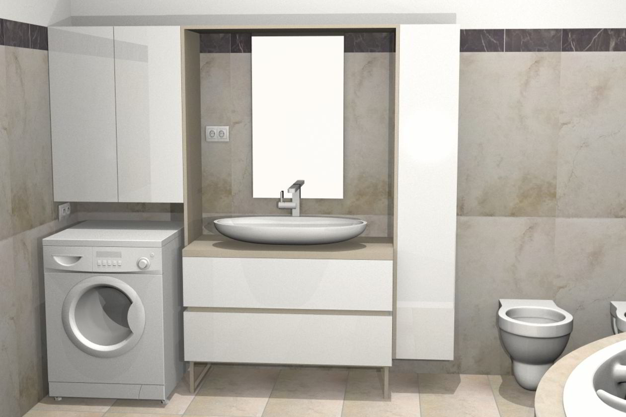 Proiect mobila Baie matrimoniala, cu oglinda, comoda cu sertare, dulap suspendat, 9m², realizat 05 Septembrie 2016 COD.5543